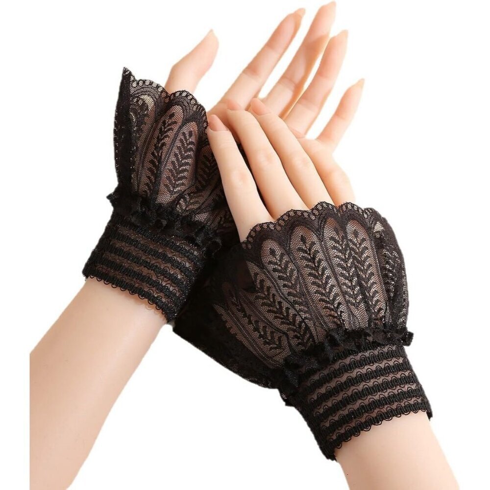 Women's Evening Black Short Lace Wrist Cuffs Gloves Party Costume Accessory